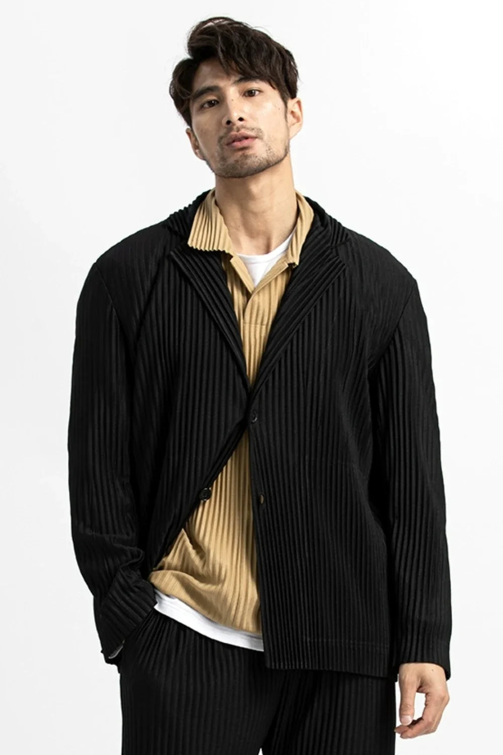 Pleated Blazer Black Suits For Men High Quality Casual Japanese Style Blazers Stretch Fabric Slim Fit Coat