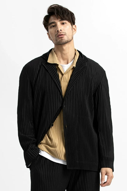 Pleated Blazer Black Suits For Men High Quality Casual Japanese Style Blazers Stretch Fabric Slim Fit Coat