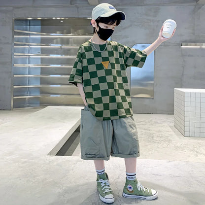 Boys 2 Piece Summer Set Child Clothes Outfits Pliad T-shirt Shorts Cotton Suit Teenager Kids Luxury Clothing Set Tracksuit 5-14Y