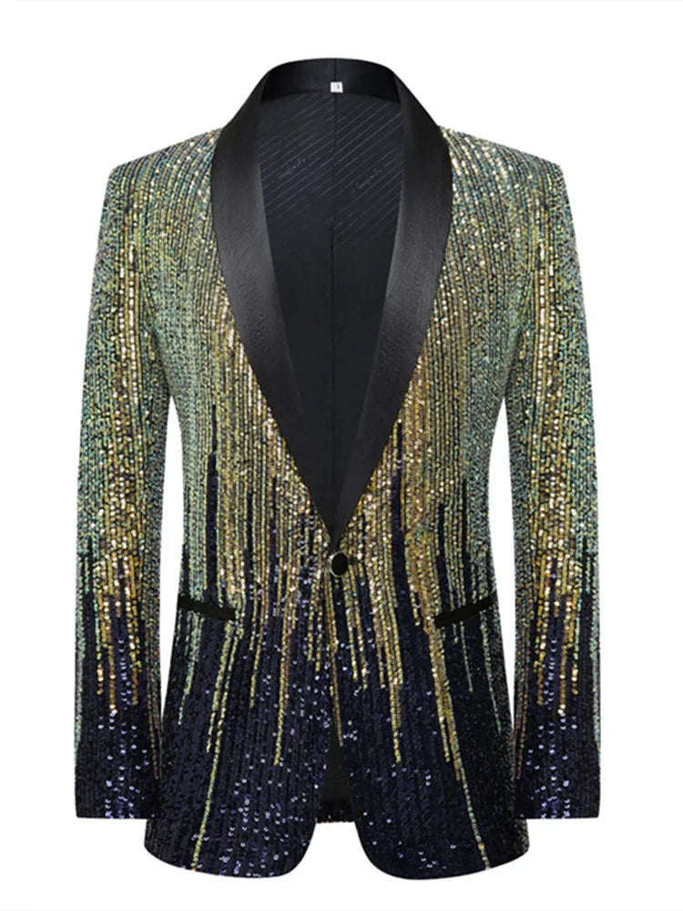 Men's Sparkling Sequin Blazer Jacket Stage Party Suit for Singer Dancer Prom Banquet Chorus Costume