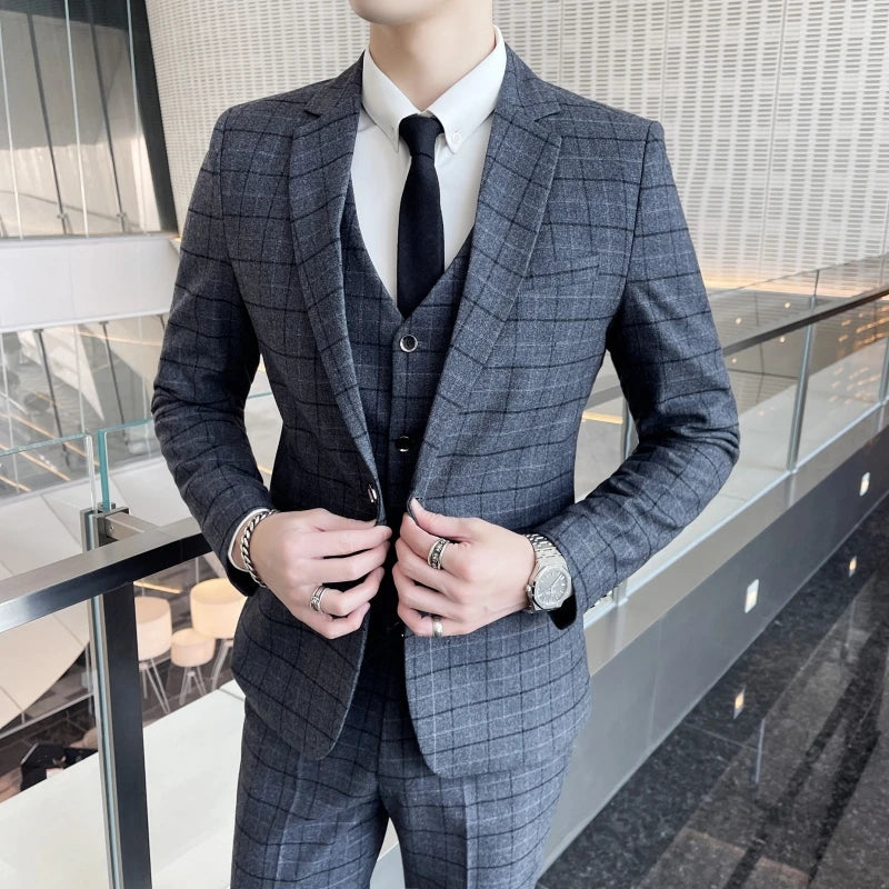 Men's High-Quality Cotton Texture Wedding Suit Set - Plaid Pattern Business Casual Three-Piece Vest Trousers Ensemble