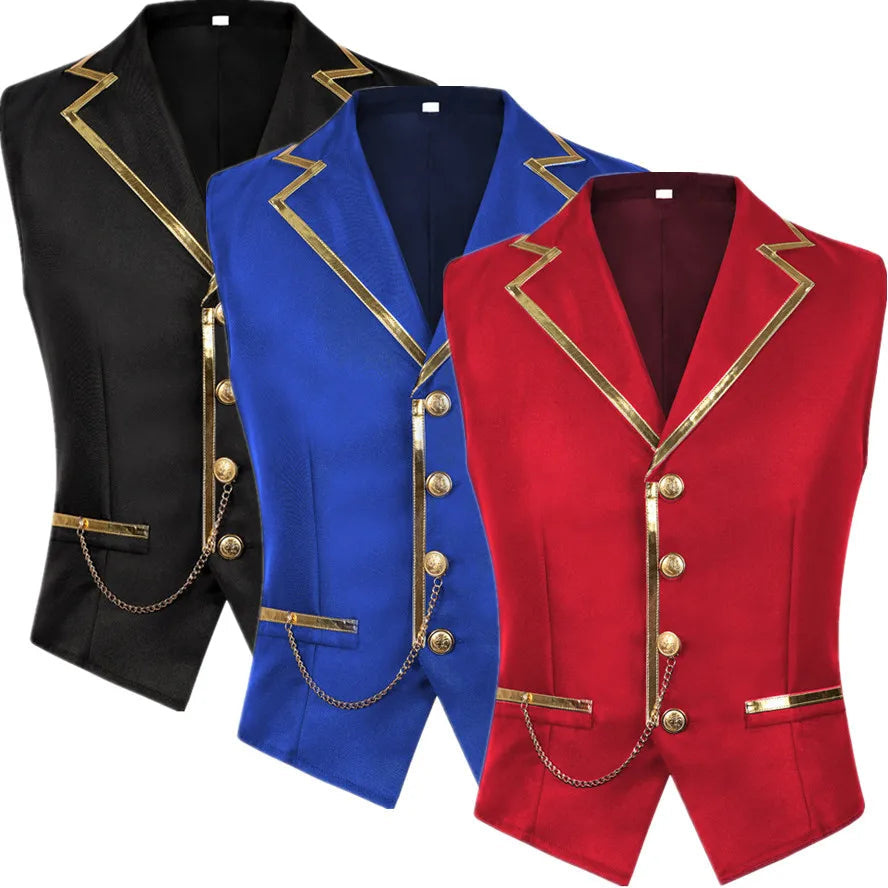 British Style Men Red Sleeveless Vest Jacket, Thin Single Button V-neck Waistcoat, Gold Striped Patchwork.