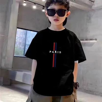Summer Short Sleeve Children Age 3-12 Girls Boy Set White Black Tshirt+Shorts 2pcs Leisure Kids PARIS Brand Print Set