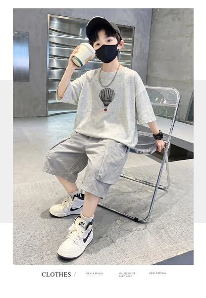Fashion Boys Summer Outfit T-shirt Shorts Sports Set Children Top and Bottom Tracksuit Set Kids Casual Cotton Sportswear 5-14Y