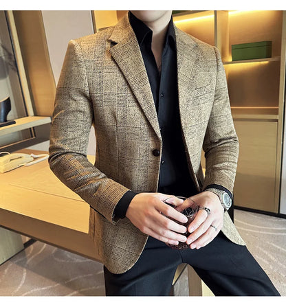 High Quality Meteor Grid Suit Jackets Men British Style Slim Fit Business Casual Fashion Blazers Formal Men Wedding Party Tuxeds