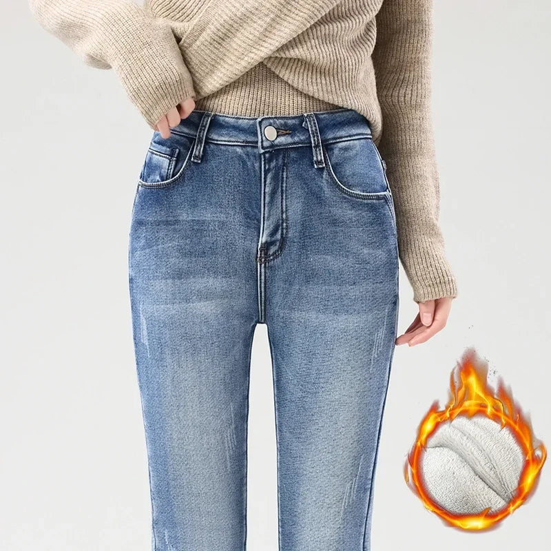 Women's Fleece Warm Winter Jeans Thicken Elastic Skinny Pencil Pants Fashion Korean Slim Plush Thermal Leggings Trousers