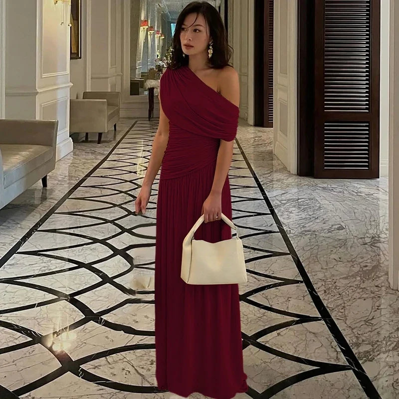One Shoulder Ruched Sleeveless Solid Pleated Sexy Irregular Y2K Maxi Dress Summer Elegant Party Women Clothes Vacation