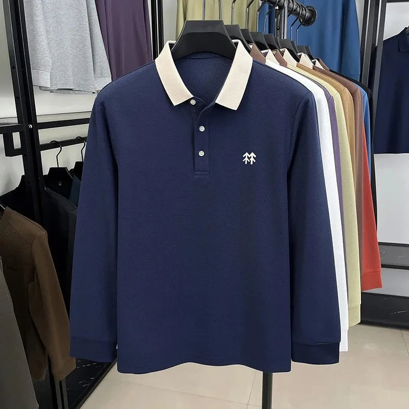 Fashion luxury brand long sleeve polo shirt men's autumn new trend badge embossed design Korean casual silk cotton lapel T-shirt
