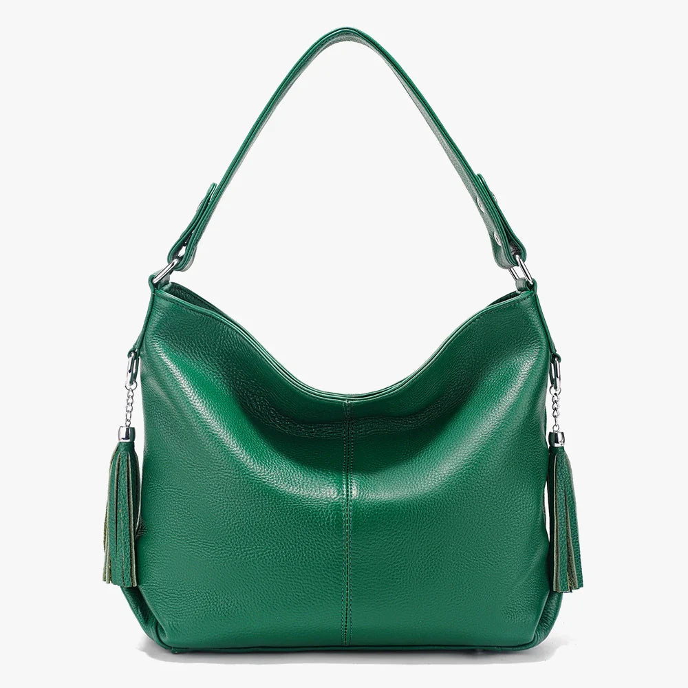 Elegant Beige Women Genuine Leather Handbag Hobo Bag Fashion Crossbody Tassel Big Capacity Shopper Tote Purse Sac Hot Sale