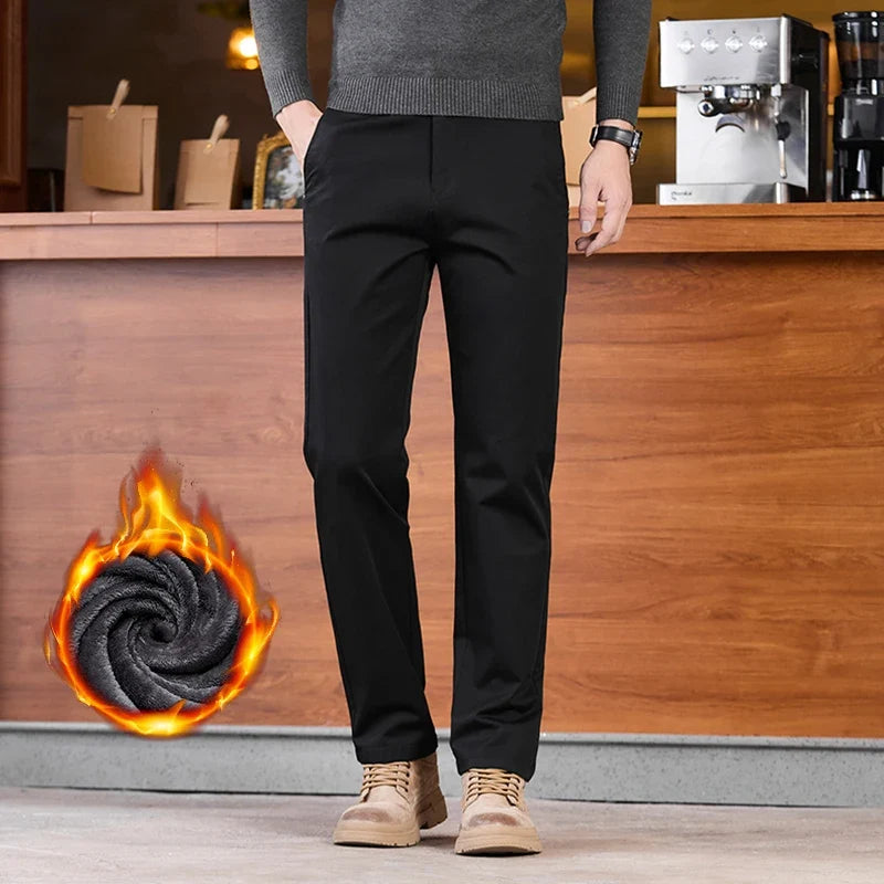 2025 Winter Fleece Pants Men's Pocket Fashion Thickened Cotton Stretch Comfort Plush Straight Business Pants Male