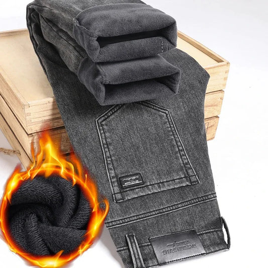Winter Warm Jeans Men's Slim Straight Elastic Denim Pants Casual Male Clothing Fashion Plush Trousers New Hot Sale Fashion Jeans