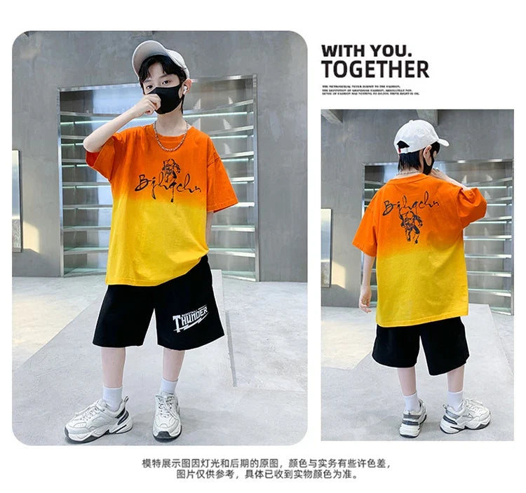 Kids Boy New Summer Suit Tie Dye T-shirt + Cargo Shorts 2 Pieces Tracksuit for Teens Child Shorts Sleeve Clothing Set Age 4 - 14