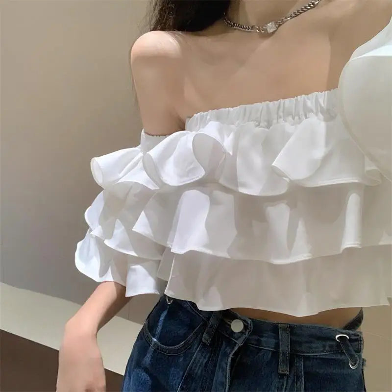 Off Shoulder Fashion Woman Blouse Stacked Ruffles Crop Top Shirt Summer Designer Short Sleeve Chiffon Sexy 2023 New