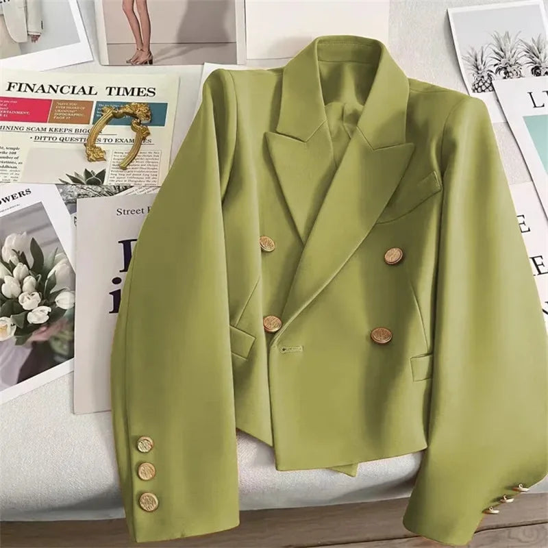 High-Quality Double Breasted Crop Blazer Women Korean Solid Long Sleeve Suit Coat Office Ladies Elegant Short Jacket Female Coat