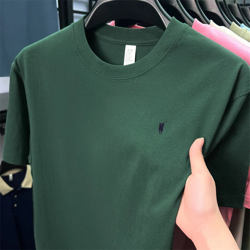 Xiaoma Embroidery Casual Pure Cotton Short Sleeved T-shirt for Young Men, Round Neck Solid Color T-shirt for Men