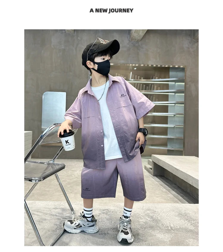 Fashion Kids Clothing Set Shirt Shorts Summer Suit for Teenage Boy Loose Casual Gradient Color Clothes Set Child Luxury Outfit