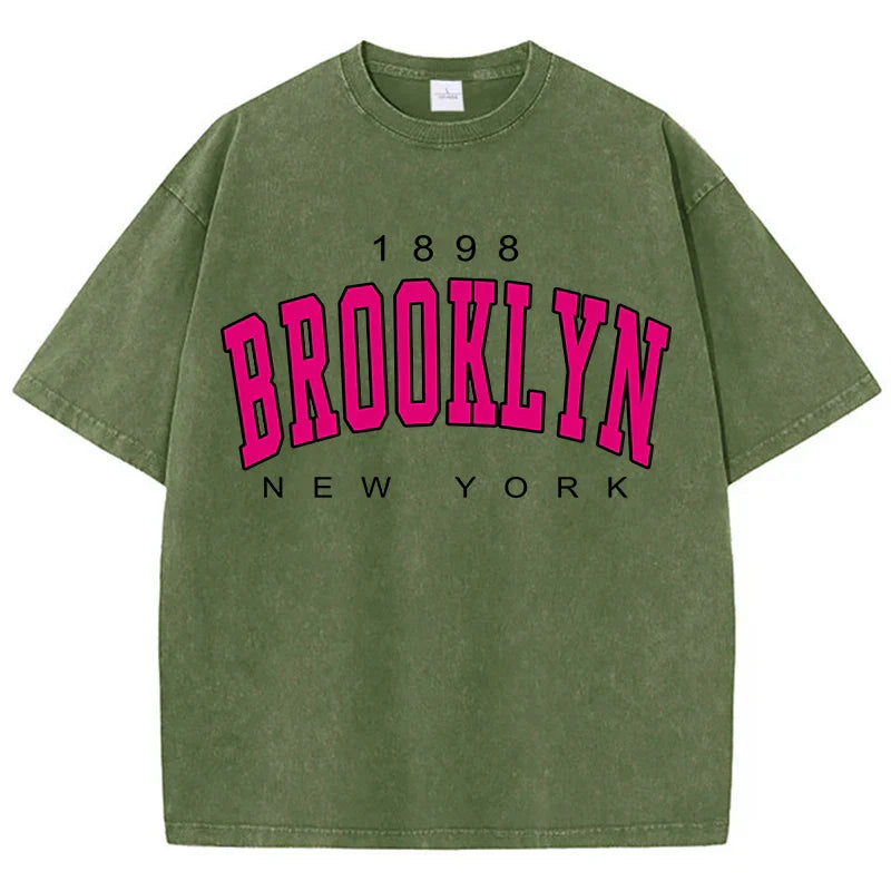 Womans Cotton Washed T-Shirts Fashion Loose O-Neck Short Sleeve Brooklyn New York Printing Tops Summer Street Female Clothes