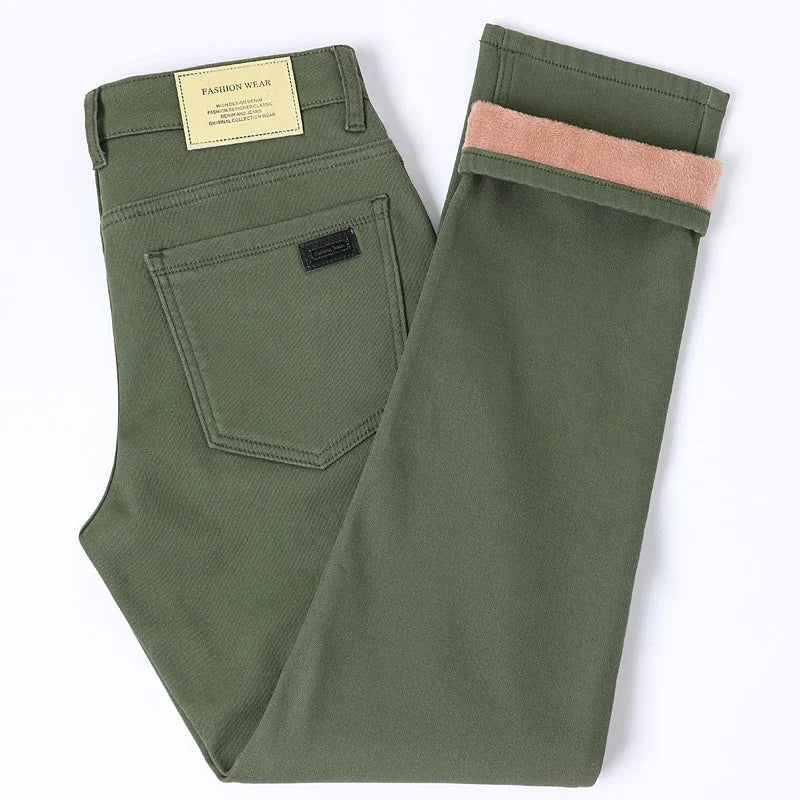 Winter New Cotton Fleece Jeans Men's Fit Straight Warm Plus Velvet Denim Pants Fashion Warm Soft Elasticity Casual Trousers