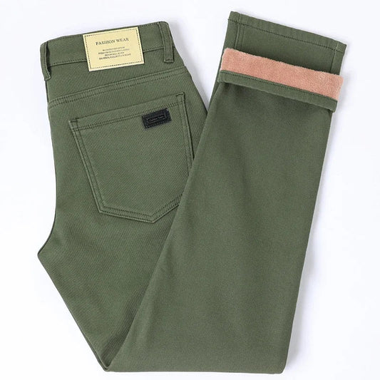Winter New Cotton Fleece Jeans Men's Fit Straight Warm Plus Velvet Denim Pants Fashion Warm Soft Elasticity Casual Trousers