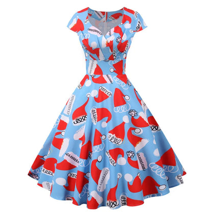 Fashion V-neck Short Sleeve Printed Christmas Dress Large Swing Vintage Elegant Xmas Party Dress