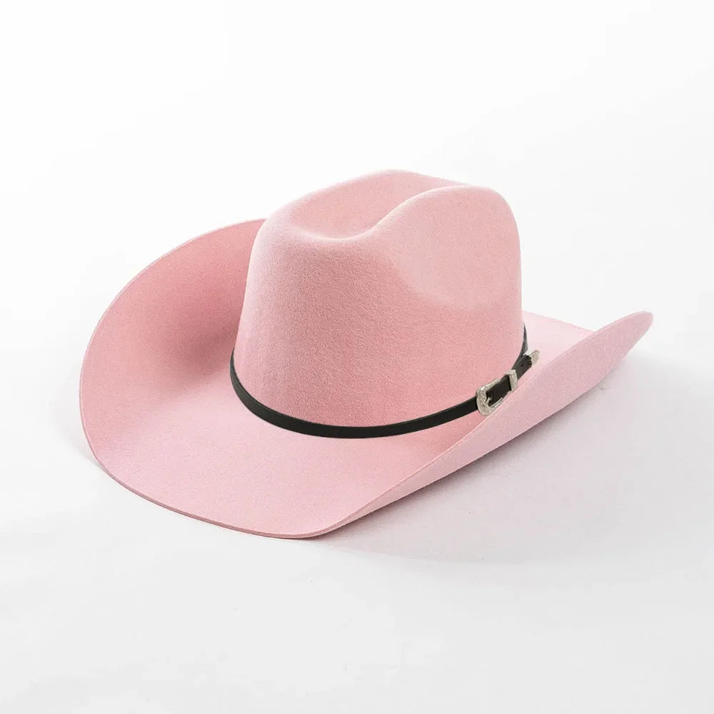 New Autumn Winter Women Fedoras with Belt Buckle Wide Brim Rolled Wool Cowboy Hat M L Size Obtainable