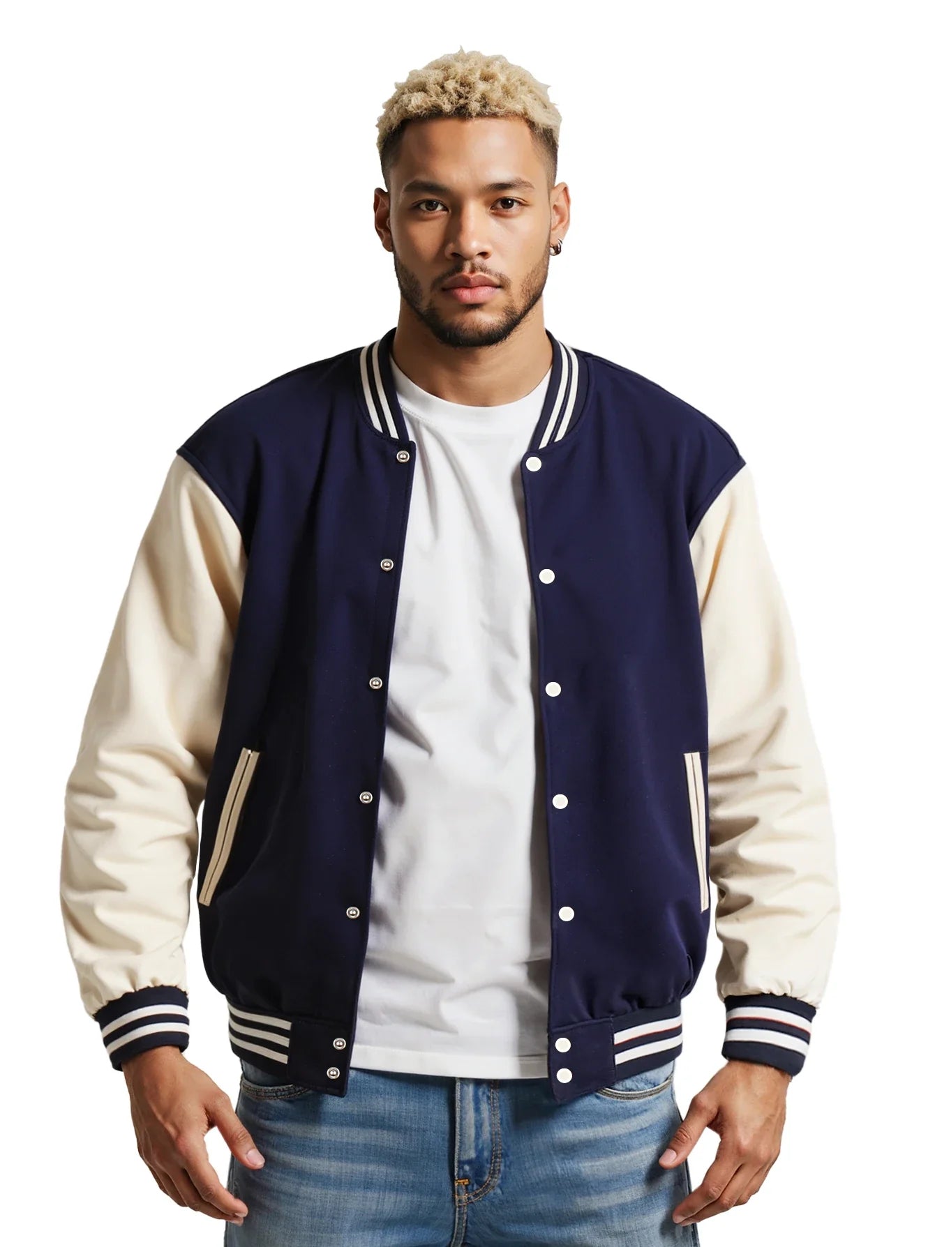 Men's Classic Varsity Jacket with Faux Leather Sleeves Letterman Style Baseball Coat Color-Block Lightweight Men's