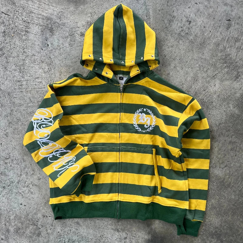 Y2K Street Kid Zip Up Hoodie Stripe Rivet Embroidery Pattern Sweatshirt New Men Hip Hop Fashion Streetwear Unisex Boxy Clothing