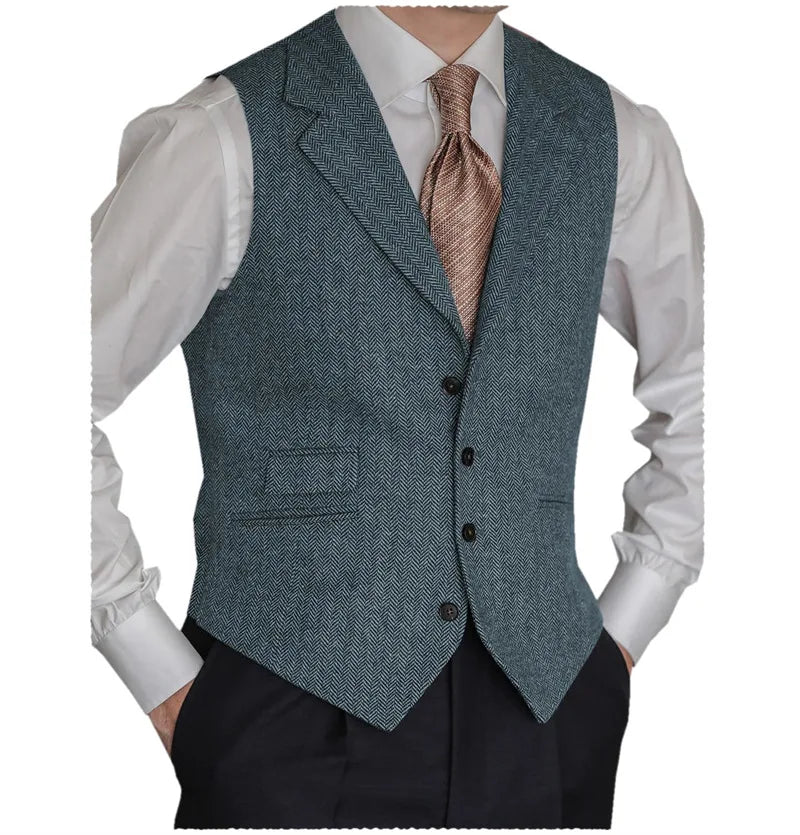 Men's Formal Suit Vests Slim Fit Males Tailored Collar Herringbone Tweed Casual Business Waistcoat Groomsman Vest For Wedding