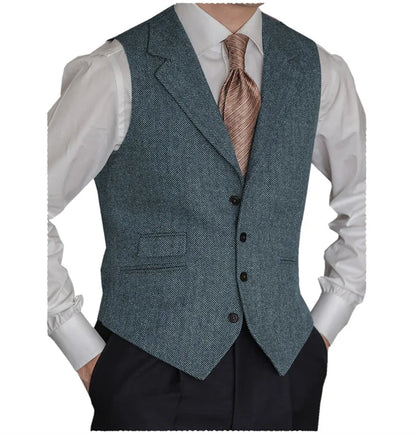 Men's Formal Suit Vests Slim Fit Males Tailored Collar Herringbone Tweed Casual Business Waistcoat Groomsman Vest For Wedding
