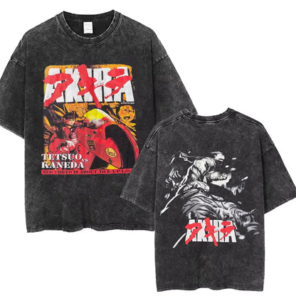 Washed Vintage Anime Akira T Shirts Japanese Science Fiction Cartoon Movie Shotaro Kaneda T-shirt Men's Manga Oversized T-shirts