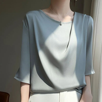 Fashion Casual Loose Ladies Solid Color Silk Short Sleeve T-Shirt Simplicity Elegant Trend Temperament Pullovers O-neck