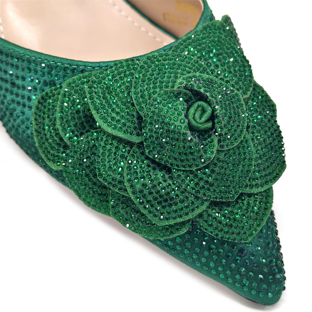 Evening Shoes and Bags Set with Full Diamond Handmade Petal Clutches Pointed Toe Peach Color Mid-Heel Women Shoes