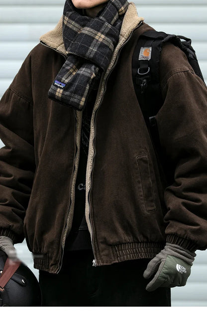 Japanese Vintage Polar Fleece Jacket Men Winter High Quality Thick Jacket Korean Streetwear Loose Couple Trendy Warm Coat Male
