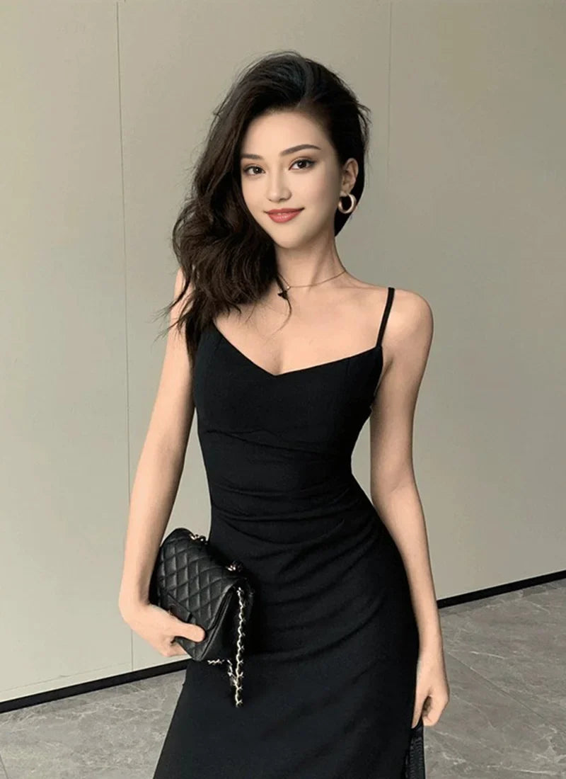Korean V-Neck Spaghetti Strap Dress for Women Sexy Backless Waist-Tight Party Dresses Woman Elegant Black Sheer Midi Dress New