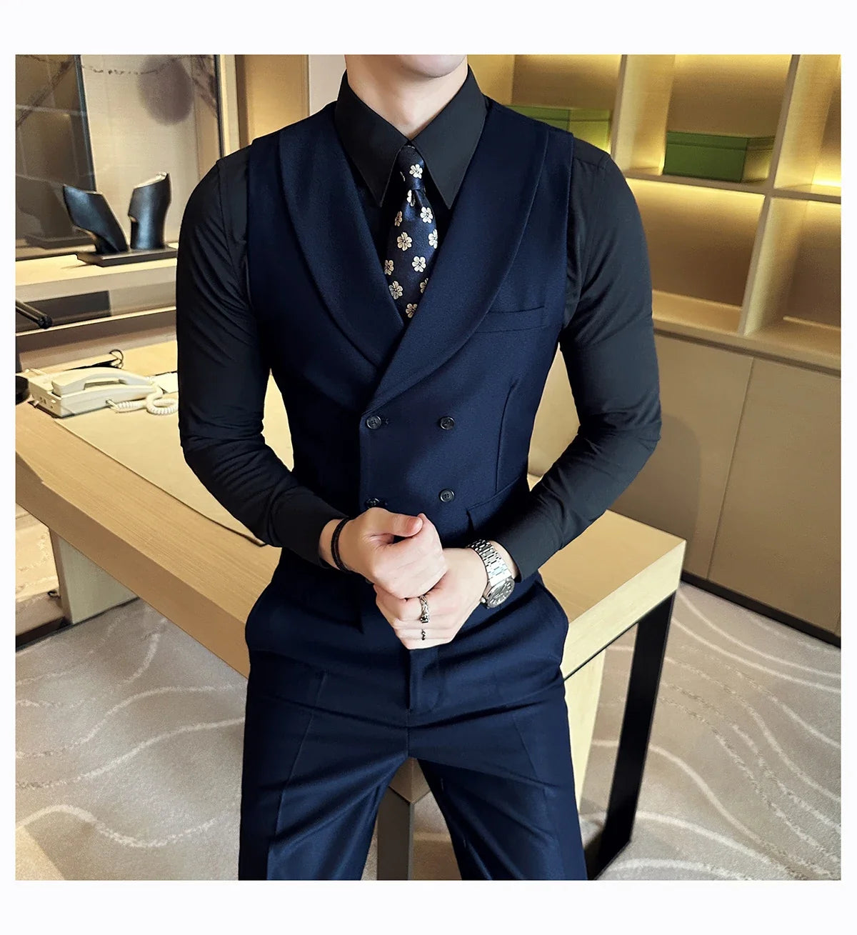 Men Luxury Double Breasted Design Solid Vest Formal Groom Wedding Dress Suit Vest Set Fashion Mens Club Singer Clothing 6XL-M