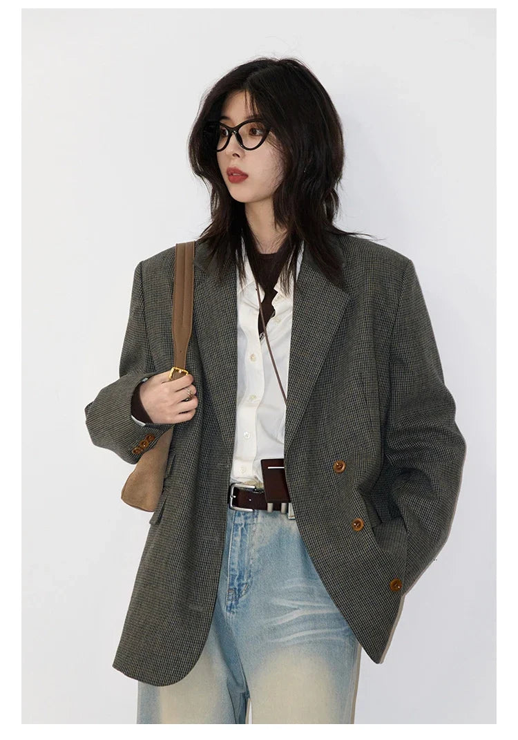 Women's Woolen Blazer Loose Retro Single Breasted Female Jacket Mid Length Plaid Coat for Woman Autumn Winter 2024