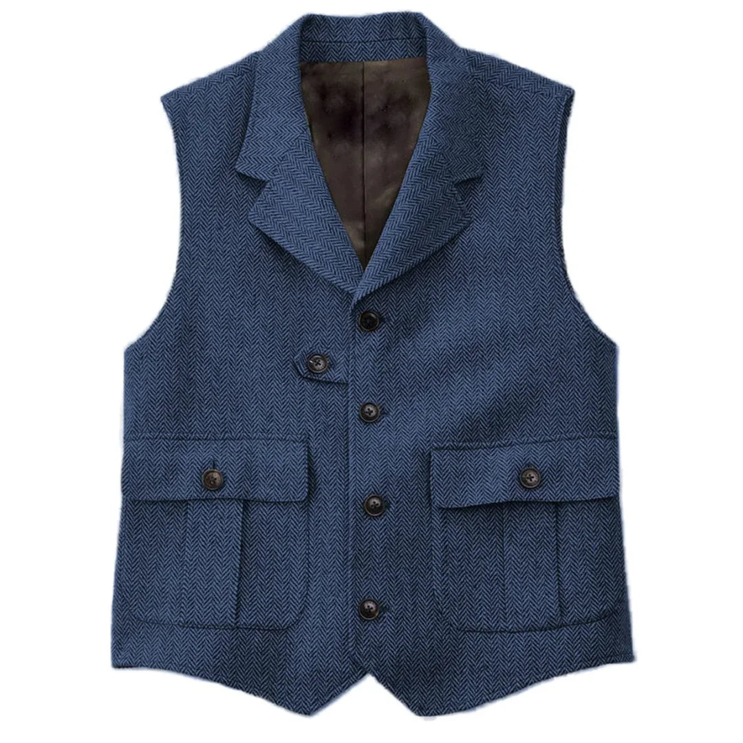 Men Vest Blue Herringbone With Lapel Single Button Waistcoat For Wedding Birthday Banquet Business Casual Work Men Suit Vest