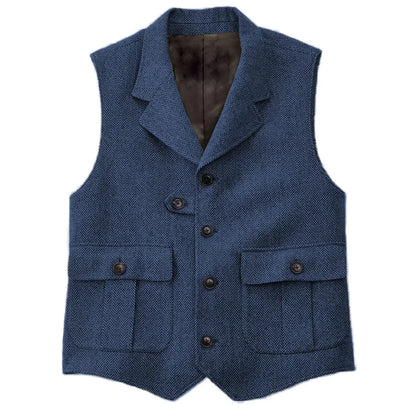 Men Vest Blue Herringbone With Lapel Single Button Waistcoat For Wedding Birthday Banquet Business Casual Work Men Suit Vest