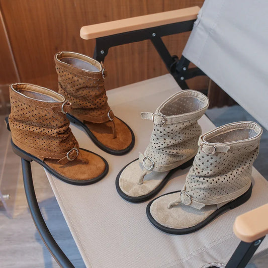 Ankle-strap Summer Slouchy Boots for Girls Suede Leather High-top Sandals Princess Cut-outs Flip Flop Dress Shoes Child J03203