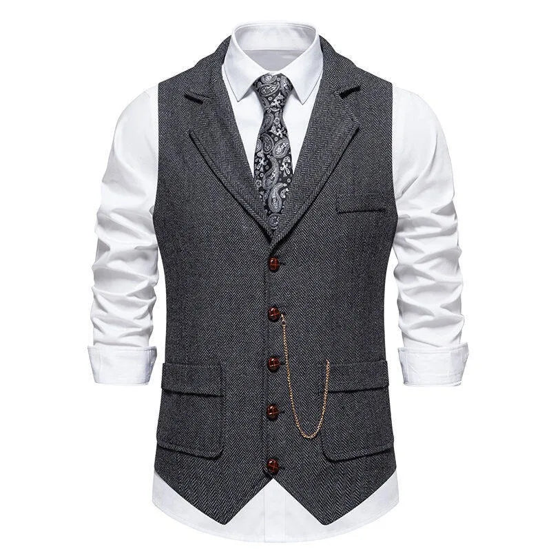 Man Suit Vest British Style Turn Down Collar Male Waistcoat Vintage Single-breasted Business Casual Men Coat Vest