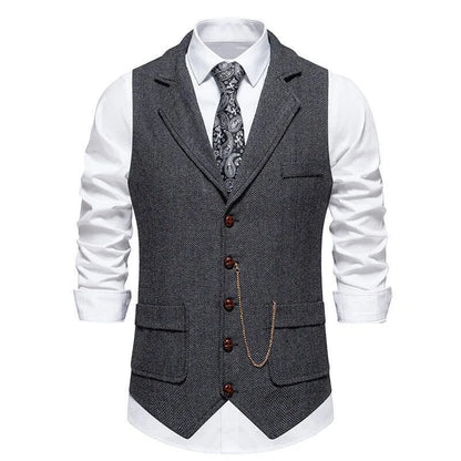 Man Suit Vest British Style Turn Down Collar Male Waistcoat Vintage Single-breasted Business Casual Men Coat Vest
