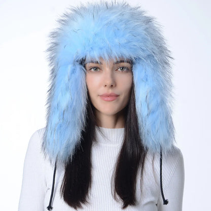 Plush Raccoon Fur Hat Women Thicken Faux Fur Earflap Hat Winter Warm Russian Ushanka Hats Windproof Furry Bomber Cap