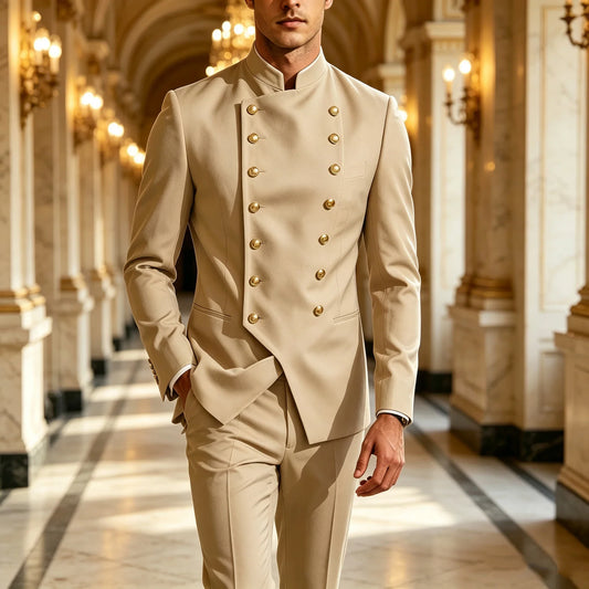 Men's Double Breasted Stand Collor Suit 2 Pieces Blazer Pants Set Slim Fit Business Casual Suit Jacket Formal Wedding Tuxedo