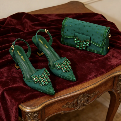 Fuchsia Rhinestone High Heel Shoes & Matching Bag Fashionable Pointed-Toe Footwear for Women - Perfect for Parties
