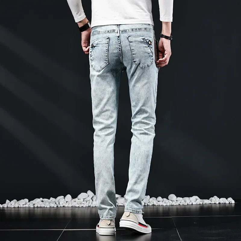 Slim Skinny Jeans Men New Elastic Korean Design Fashion Multi-Button Blue White Vintage Wash Cotton Stretch Denim Pants Trousers