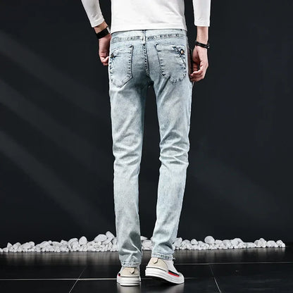 Slim Skinny Jeans Men New Elastic Korean Design Fashion Multi-Button Blue White Vintage Wash Cotton Stretch Denim Pants Trousers