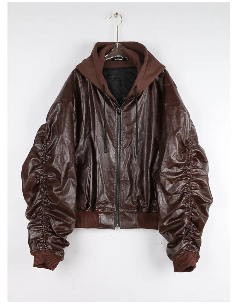 Autumn Winter Oversized Cool Black Thickened Warm Pu Leather Jacket Men Hood Luxury Designer Fake 2 Clothes