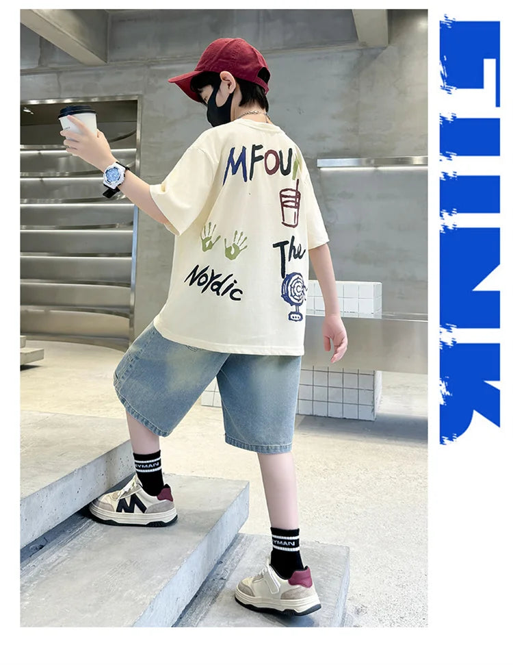 Luxurious Boys Set Summer Outfit Suit Age 5 6 7 8 9 10 11 12 13 14 Years Child Clothing Set Kids Letter T-shirt and Denim Shorts