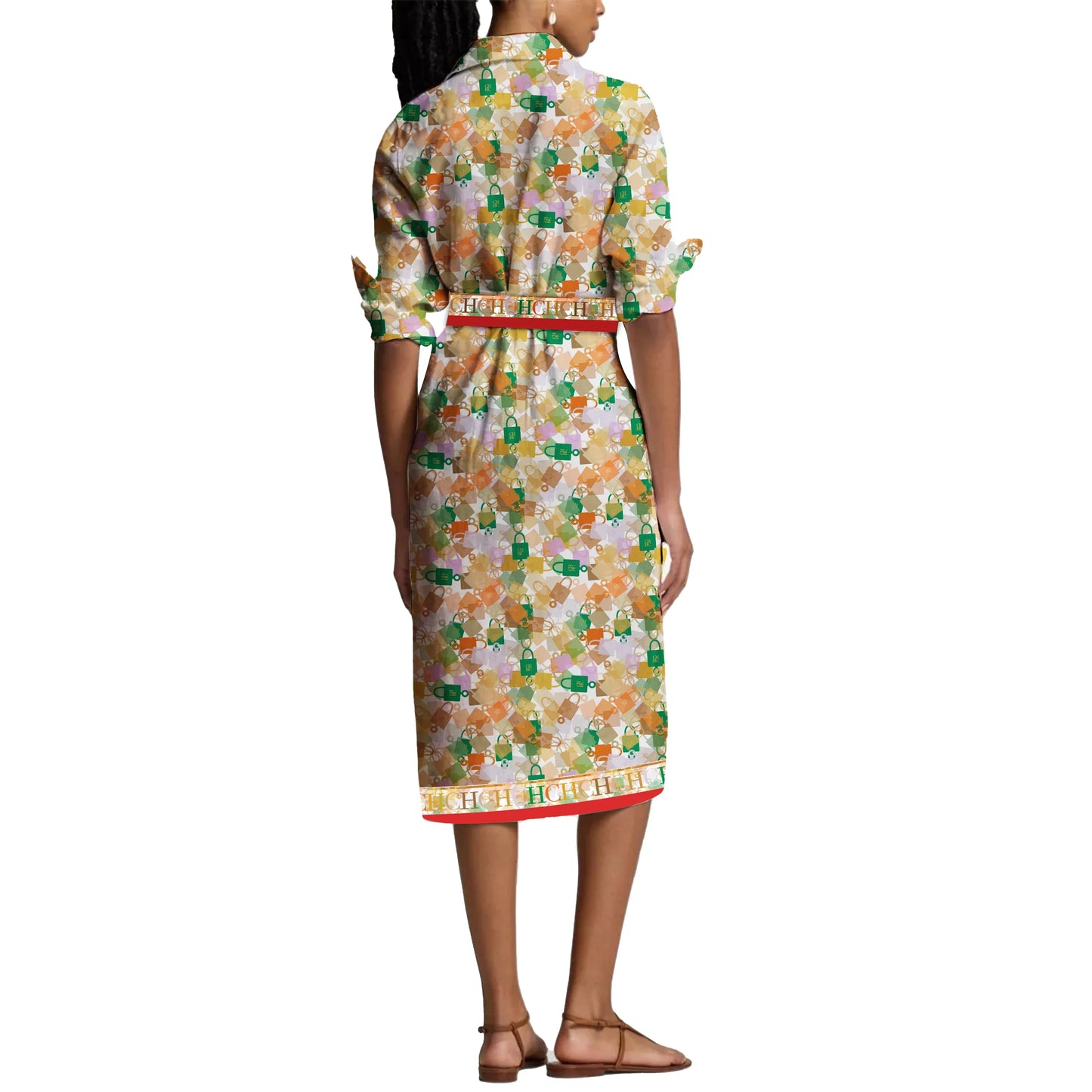 Vintage Printed Midi Dress For Women Fashion V Neck Long sleeves Bodycon Dresses 2024 Summer Lady Street Robes