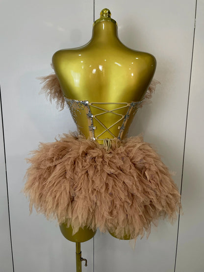2025Women Sexy Backless Strap Mesh Fluffy Skirt 2 Pieces Diamond Sequins Stage Performance Costume Birthday Party Shooting Dress